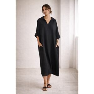 Black 100% Cotton Gauze Shirt Dress Lagenlook Minimalist Midi Oversized Medium